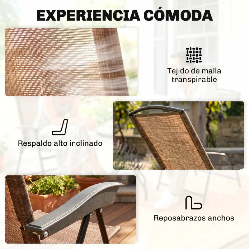Outsunny Conjunto Mesa y 2 Sillas Muebles para Jardín Exterior Patio Terraza Silla Plegable Respaldo Reclinable a 4 Niveles Texteline Marco Acero Marrón