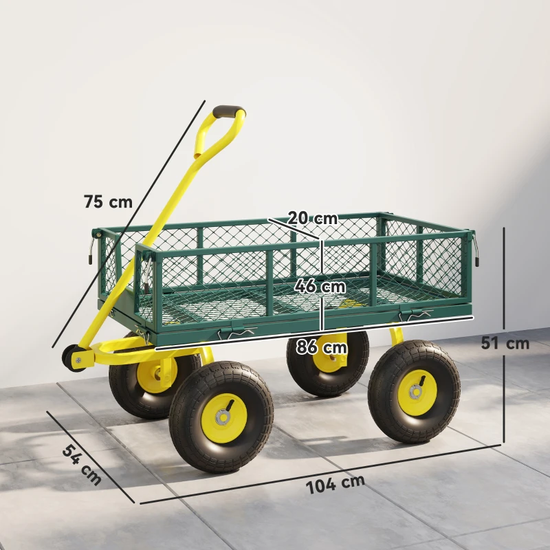 Outsunny Carrello da Giardino in Acciaio con Capacità 200 kg e Pareti Laterali Rimovibili, 104x54x51 cm, Verde e Giallo
