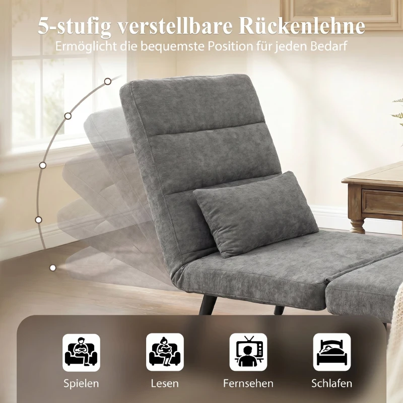 HOMCOM Schlafsessel 3 in 1 Klappbar Sessel mit Schlaffunktion, 186 x 60 cm Schlafsessel mit 5-stufig Verstellbarer Rückenlehne