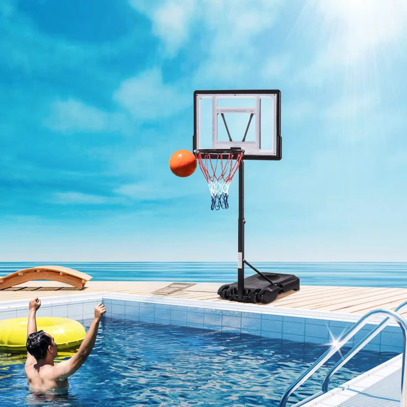 HOMCOM Panier de basket extérieur pour Bord de Piscine Poteau Panneau, Base de lestage sur roulettes Hauteur de l'arceau réglable 1,1-1,3 m Noir Blanc