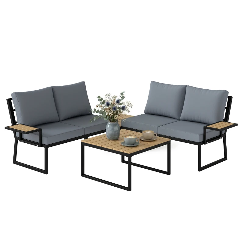 Outsunny 4 Seater Metal Garden Furniture Set, Corner Garden Sofa Set with 2 Loveseats, 2 Nesting Tables, Arm Side Trays, Teak