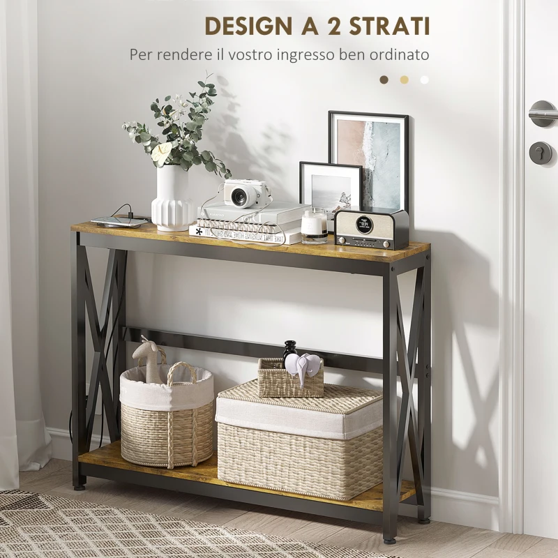 HOMCOM Consolle da Ingresso Stile Industriale con Prese di Corrente e USB, Legno e Acciaio, 100x24x75cm, Marrone
