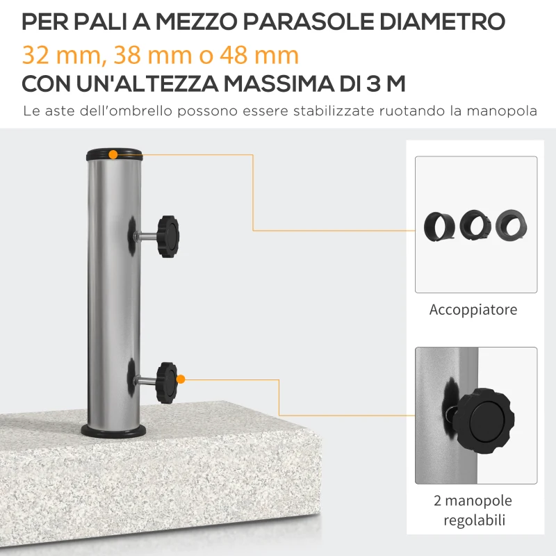Outsunny Base per Ombrellone da Giardino 25kg per Pali da Ø32mm, Ø38mm e Ø48mm, in Granito e Acciaio Inox, 45x22.5x40 cm, Grigia