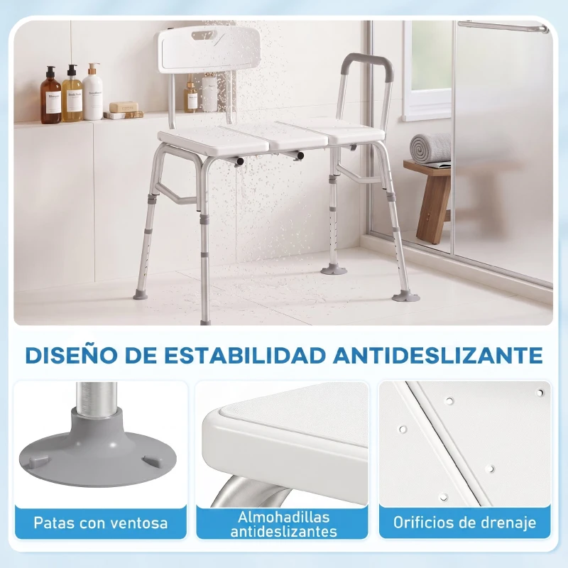 HOMCOM Banco Ducha de Transferencia con Reposabrazos y Respaldo Taburete de Baño Altura Ajustable 10 Niveles Carga 136 kg