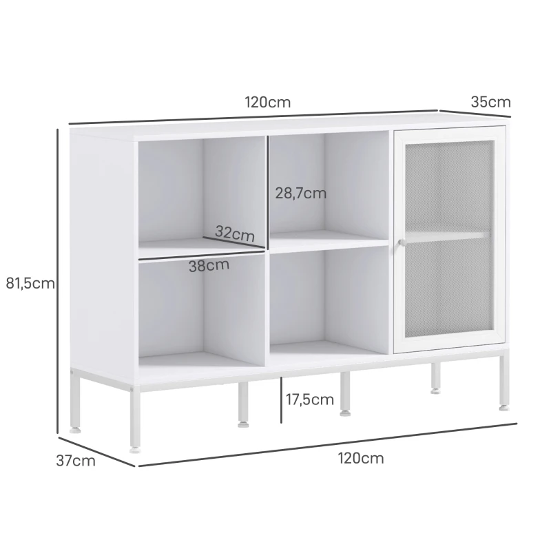HOMCOM Mobile Buffet con 4 Ripiani Aperti e Armadietto, in Truciolato e Acciaio, 120x37x81.5 cm, Bianco