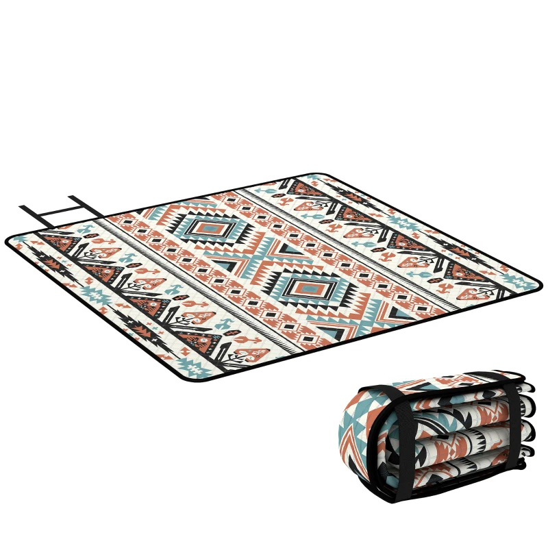 Outsunny Picnic Blanket, 200x200CM Large Beach Blanket Outdoor Picnic Mat with Integrated Strap for Camping, Mix-Colour