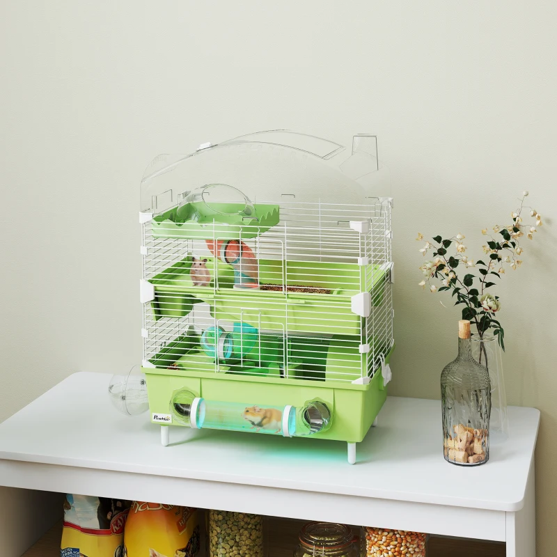 PawHut 3-Tier Hamster Cage with Transparent Top, Sand Bathroom, Exercise Wheel, Hideout Room, Tubes, 45 x 28 x 60 cm, Green