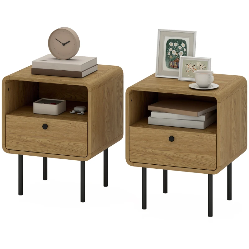 HOMCOM Table de chevet étroite table d'appoint compartiment ouvert et 1 tiroir pieds en acier 40 x 36 x 50 cm, effet bois chêne