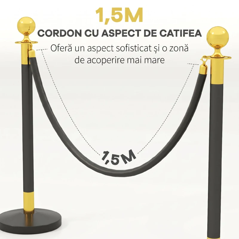 HOMCOM Stâlpi de delimitare din oțel inoxidabil cu frânghie catifelată neagră de 1,5 m și bază umplibilă, Ø32x96 cm