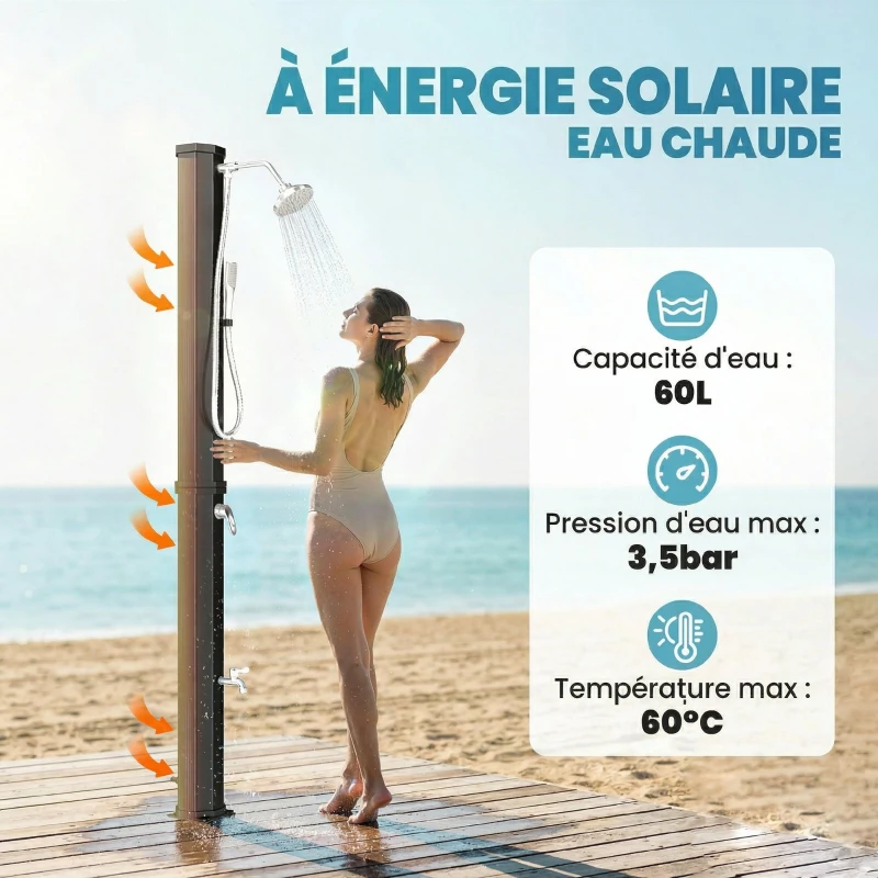 Outsunny Douche Solaire de Jardin XXL 60L avec Douchette à Main et Robinet Mitigeur Eau Chaude/Froide Hauteur 208 cm Noir