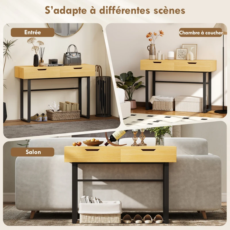 HOMCOM Console meuble 110 cm, table console étroite avec 2 tiroirs, cadre en métal et design sans poignées, bois naturel
