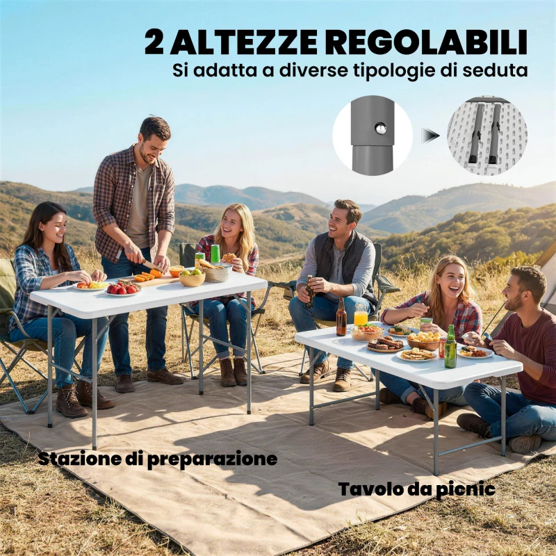 Outsunny Tavolo da Campeggio Pieghevole a 2 Altezze con Maniglia, in HDPE, 120x60x74 cm, Bianco