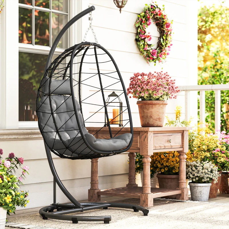 Outsunny Hängesessel Outdoor Hängesessel Egg Chair, wetterbeständig, inkl. Polster, 102 cm x 102 cm x 195 cm, Dunkelgrau