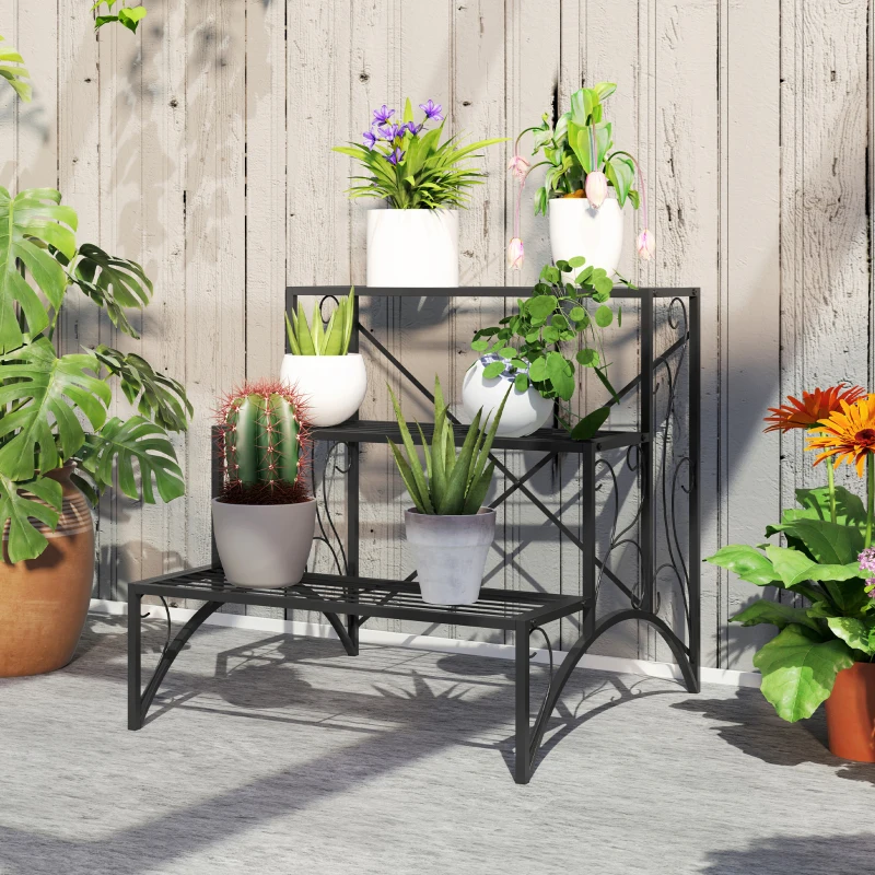 Outsunny Etajeră-suport pentru plante, cu 3 niveluri, în formă de scară, pentru interior și exterior, din metal, 60x60x60 cm, negru