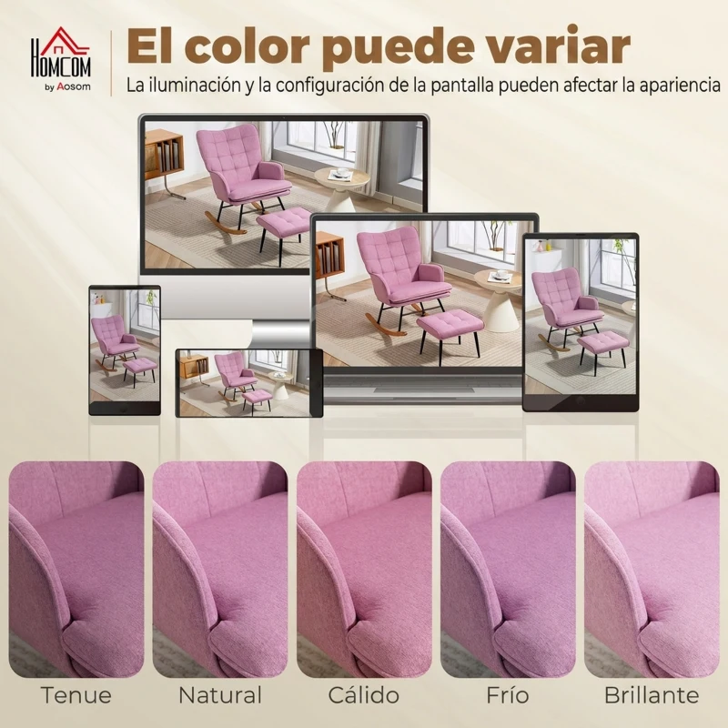 HOMCOM Silla Mecedora con Reposapiés con Cojín Acolchado Reposabrazos Respaldo Alto Patas de Madera Carga 130 kg Rosa