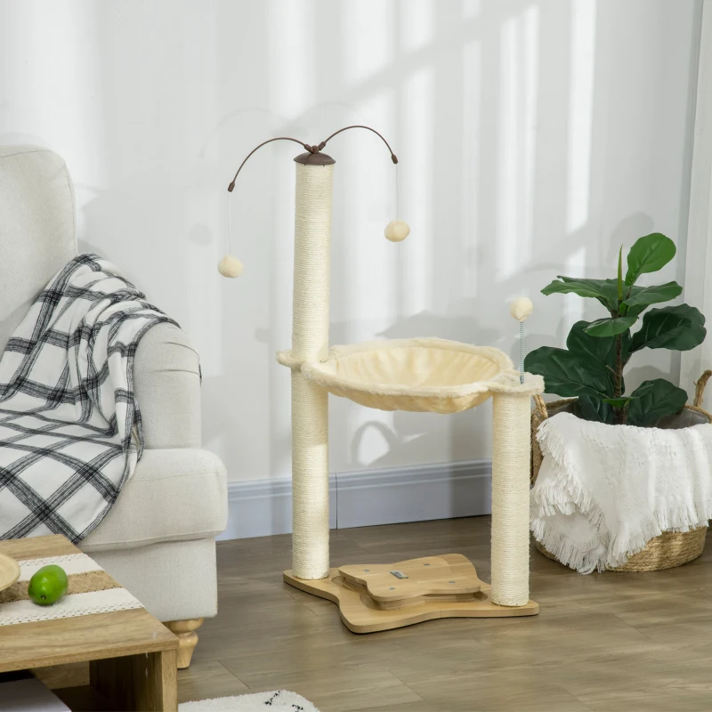 PawHut Albero Tiragraffi per Gatti max 5kg con Amaca, Palline da Gioco e Pali in Sisal, 53.5x53.5x90 cm, Beige