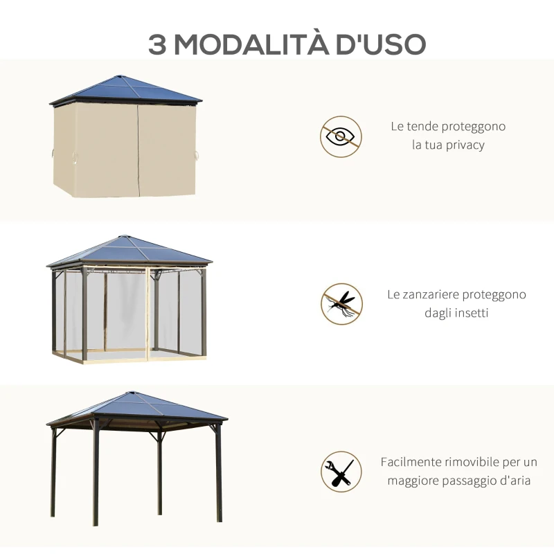 Outsunny Gazebo da Giardino 3x3m con Tetto in Policarbonato e Zanzariere, Caffè e Khaki