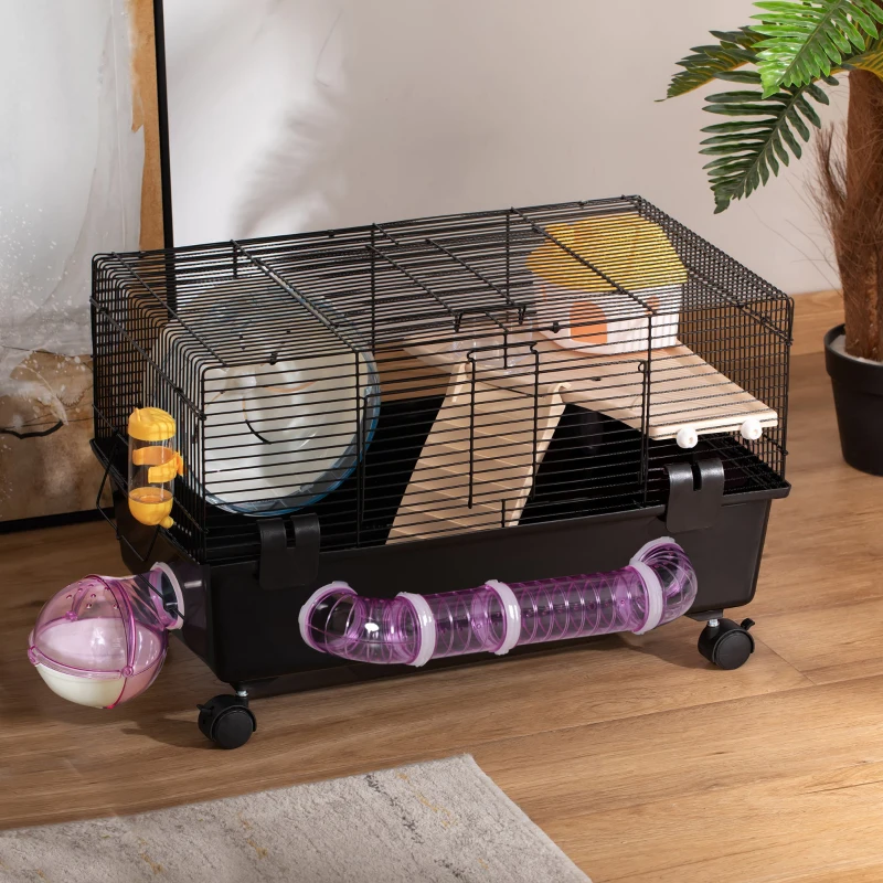 PawHut Gabbia per Criceti con Casetta, Tunnel e Ruota, Base con 4 Rotelle, 60x35x38.5cm, Nero e Marrone