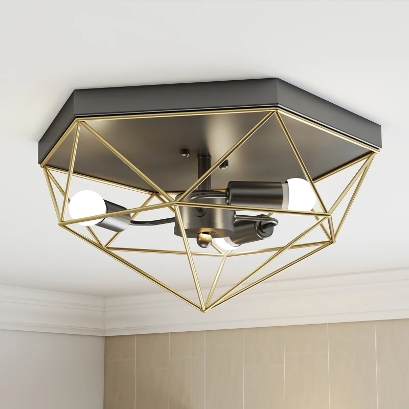 HOMCOM Lustră de Tavan Stil Industrial Geometrică cu 3 Socluri E27 pentru Becuri LED, Negru și Auriu