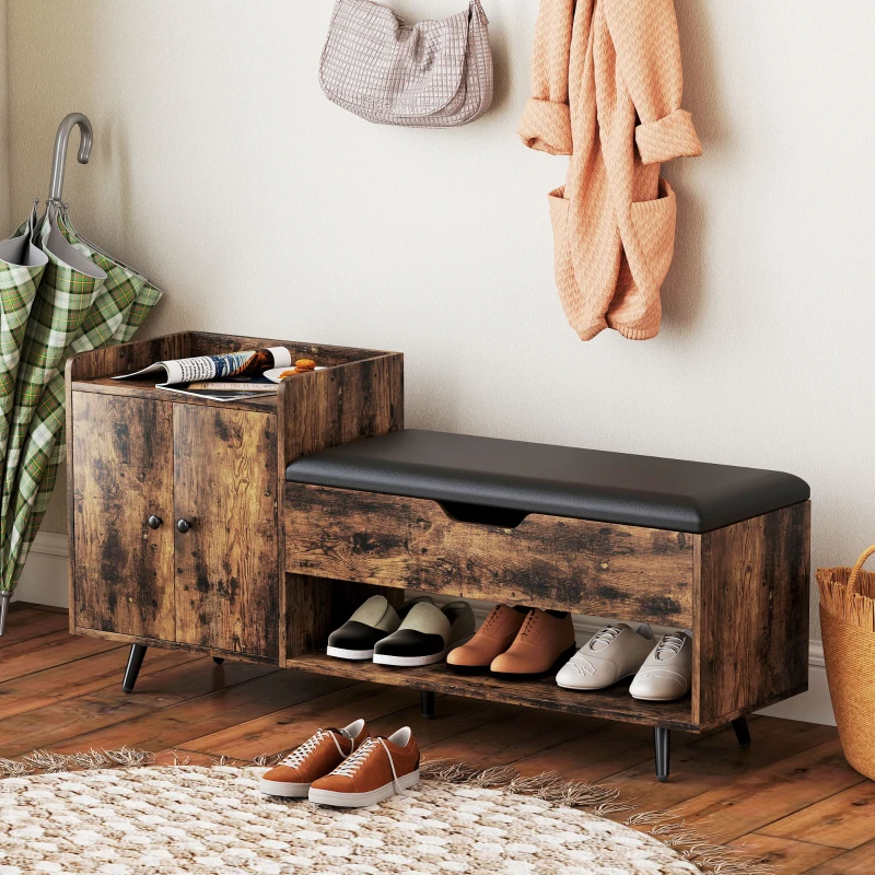 HOMCOM Banco Zapatero Industrial con Asiento Acolchado Compartimento Oculto Estantes Puertas 127x35x59 cm Marrón Rústico