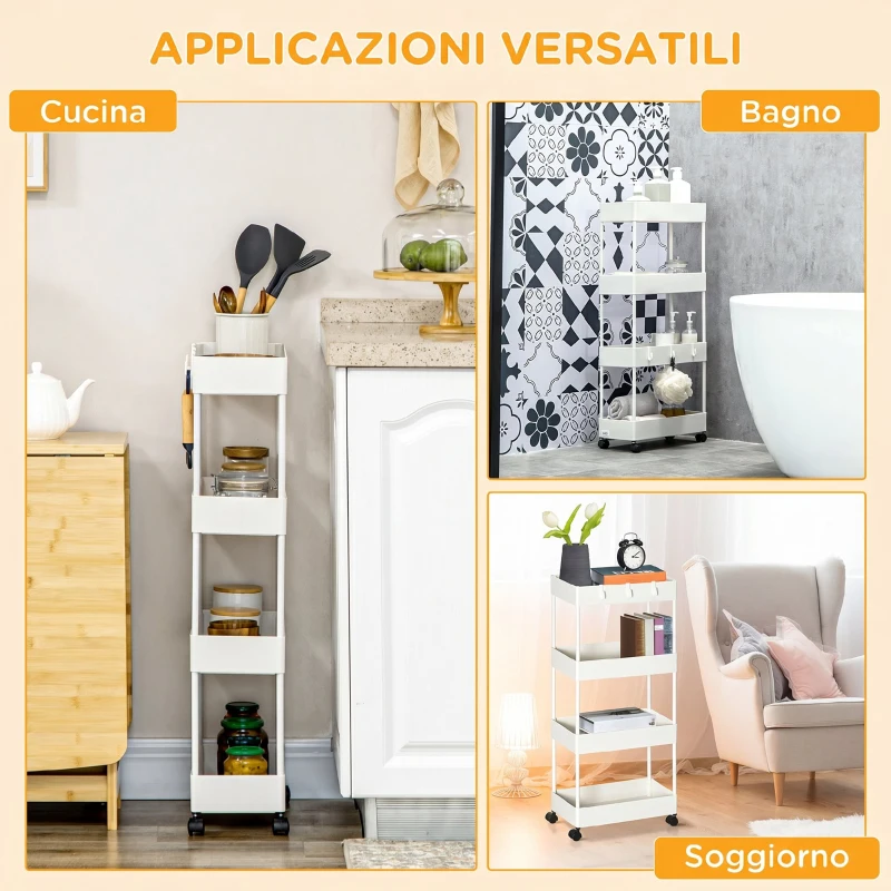HOMCOM Carrello Cucina a 4 Ripiani con Ganci, in Acciaio e Plastica su Ruote Girevoli per Soggiorno, Ufficio e Lavanderia, 40x19x90 cm, Bianco