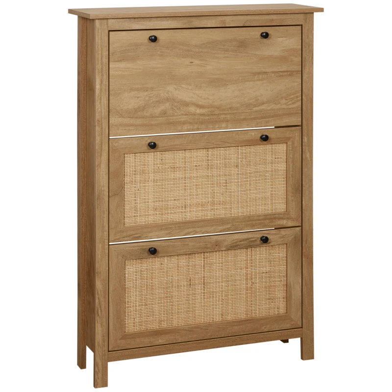 HOMCOM Schuhschrank, bis 18 Schuhpaare, 3 Kippfächer, Rattandekor, Naturholzoptik, 80 x 23,5 x 121,5cm