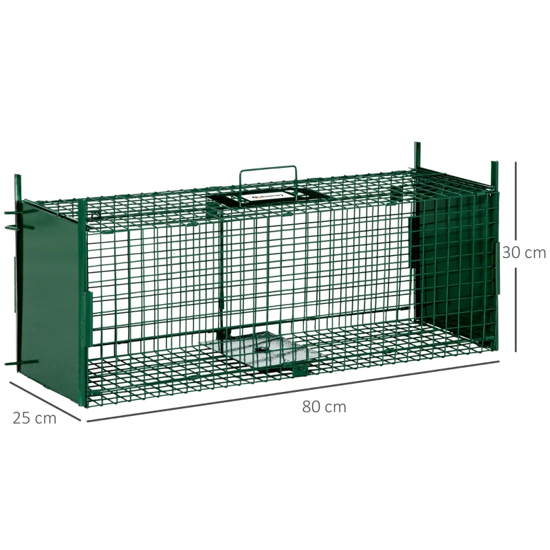 Outsunny Gabbia Trappola per Animali Vivi Piccoli con Doppia Porta e Maniglia, 80x25x30cm, Verde Scuro