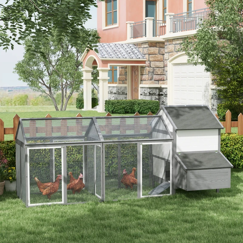 PawHut Cuibar din Lemn pentru Găini Ouătoare de Exterior cu 2 Zone Laterale, Căsuță, Cuib, Acoperiș Impermeabil, Sertar Detasabil, Loc de Odihnă, Uși și Rampă, pentru 2-4 Găini, 247x118x113.5 cm, Gri