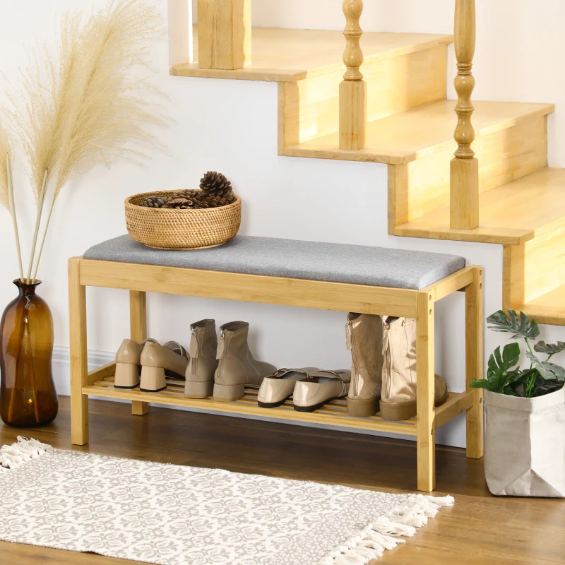 HOMCOM Banco Zapatero de Bambú Zapatero con Asiento Tapizado para 3 Pares de Zapatos con Estante de Listones 90x30x46cm Natural