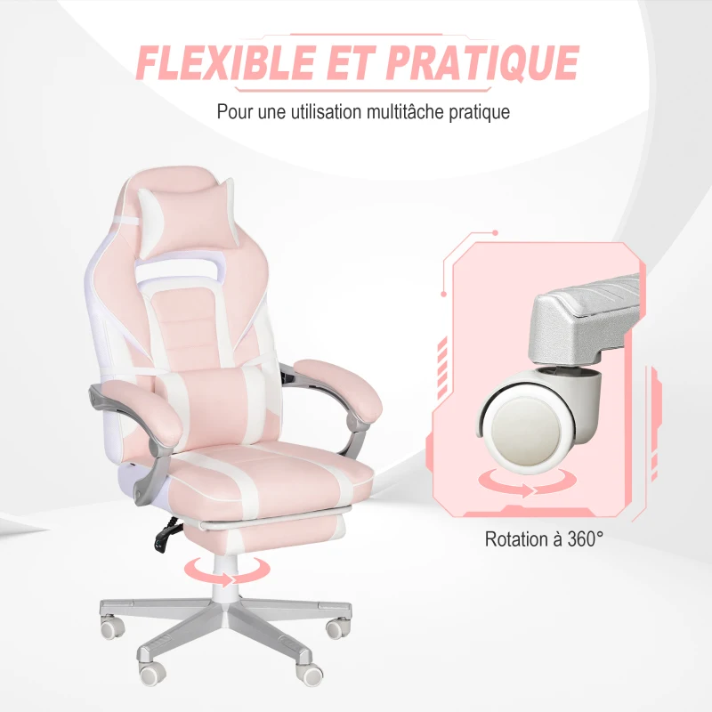 HOMCOM Chaise gaming, fauteuil gaming ergonomique avec repose-pieds, hauteur réglable, dossier inclinable, 63x63x123cm, rose