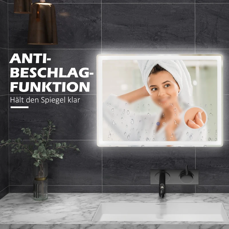 kleankin LED Badezimmerspiegel mit 3x Vergrößerung, Touch-Funktion, Memory-Funktion, kein Beschlagen, 80 x 60 cm