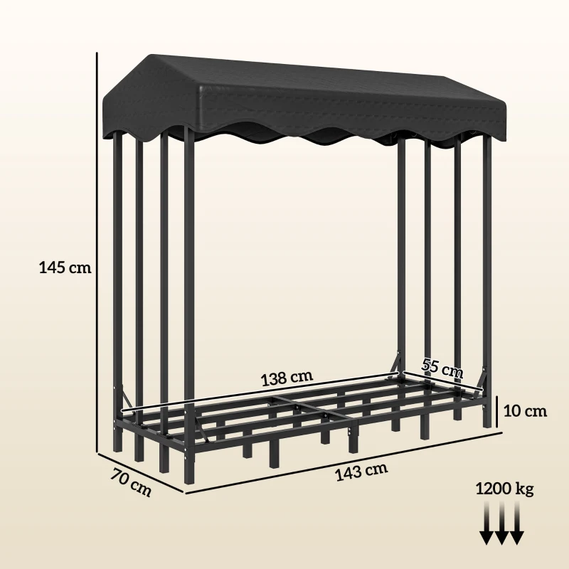 Outsunny Leñero con Cubierta Soporte para Leña para Exterior con Estructura Reforzada Impermeable 143x70x145 cm Negro