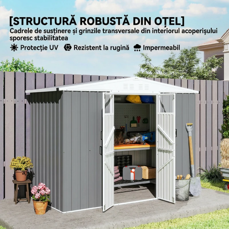 Outsunny Magazie pentru Unelte din Oțel Galvanizat cu 2 Uși, 246x117x180 cm, Gri Deschis