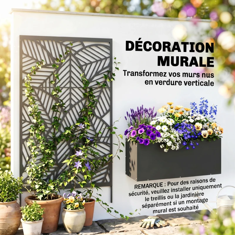 Outsunny Jardinière avec treillis, bac à fleurs, lit surélevé avec brise-vue, pour plantes grimpantes métal 90 x 30 x 170 cm noir