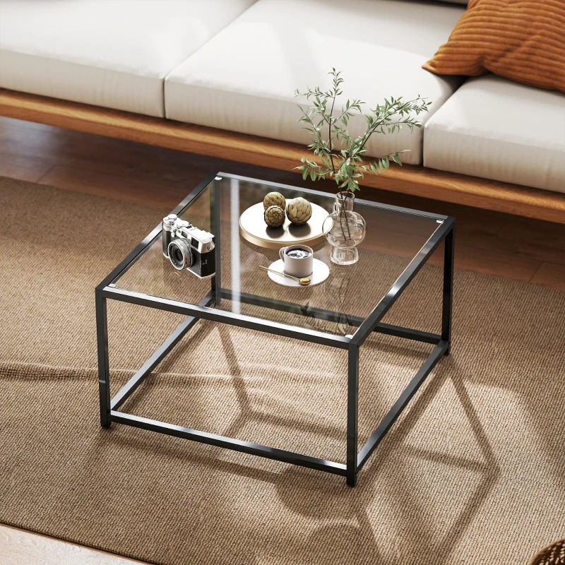 HOMCOM Beistelltisch Quadratisch Nachttisch mit Hartglas-Tischplatte, Couchtisch mit Beinen aus Stahl 68 x 68 x 39 cm Schwarz