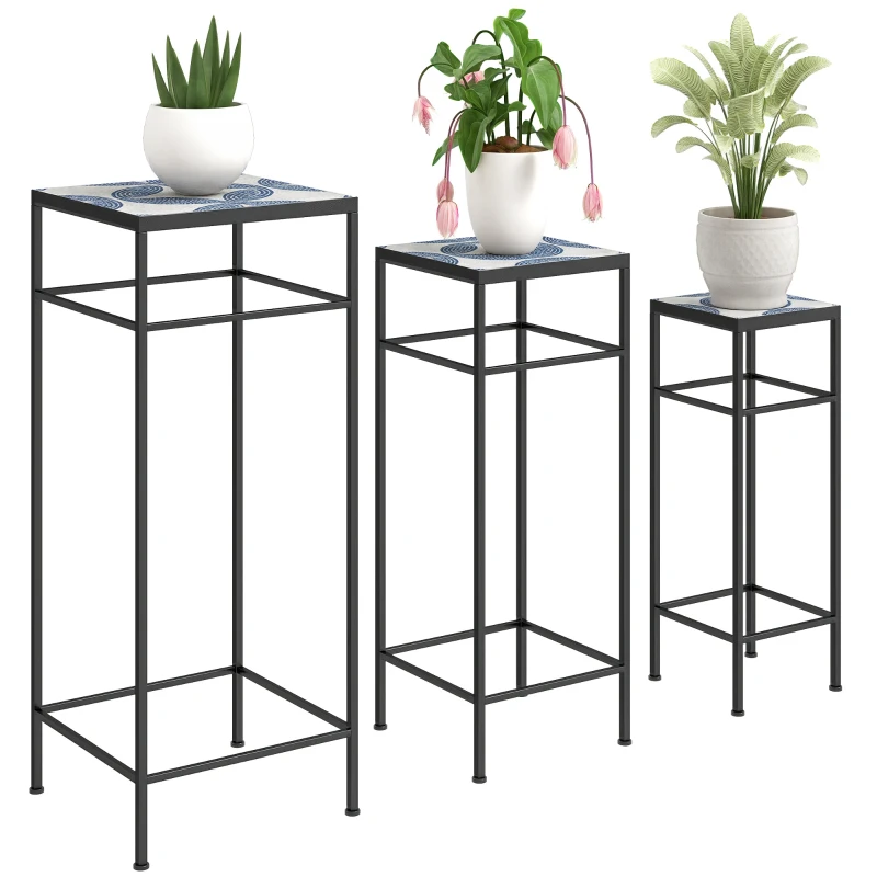 Outsunny 3er-Set Pflanzenständer, 3 verschieden große Gestelle zum Präsentieren von Blumen und anderen Gegenständen, Blau+Weiß