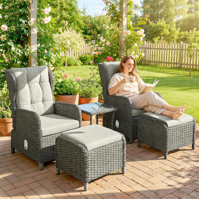 Outsunny 5 Piece Garden Furniture Set, Rattan Reclining Garden Chair Set of 2 with Footstool and Cushion for Balcony, Cream
