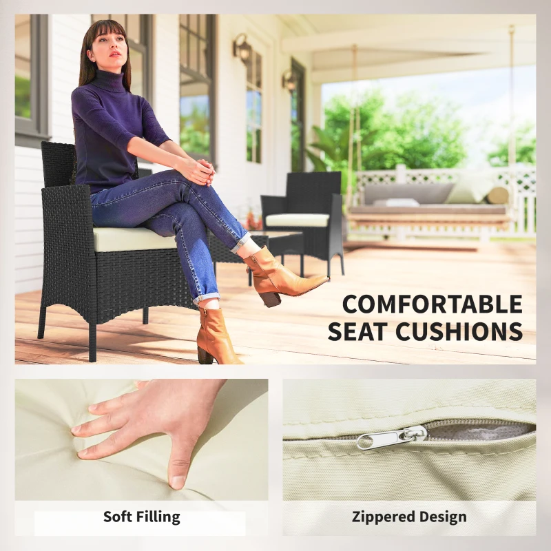 Outsunny 4 Piece Rattan Garden Furniture Sofa Set with Loveseat, Armchairs, Glass-Top Coffee Table and Cushions, Cream White