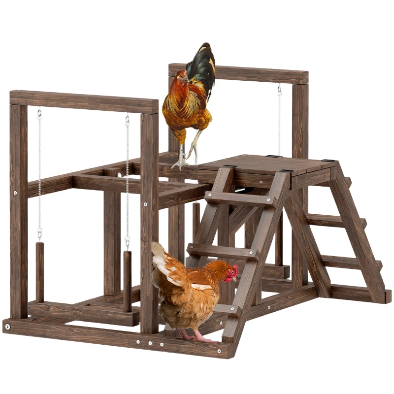 PawHut Aire de jeux en bois, Perchoir en bois pour poule, avec balançoire, échelle, plateformes, 82 x 60 x 55 cm, marron