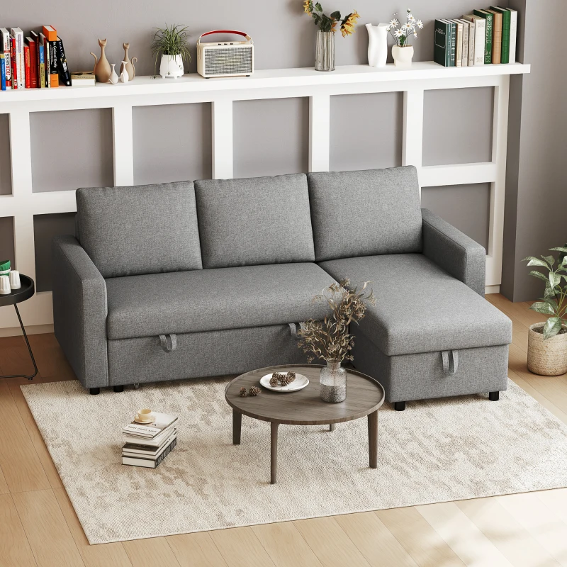 HOMCOM Divano Letto 3 Posti e Penisola con Contenitore, Rivestimento Tessuto Effetto Lino, 211.5x146x85cm