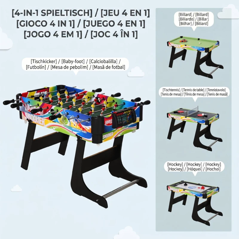 HOMCOM Masă de Joc 4 în 1 Pliabilă pentru Fotbal de Masă, Biliard, Air Hockey și Ping Pong, din MDF și Plastic