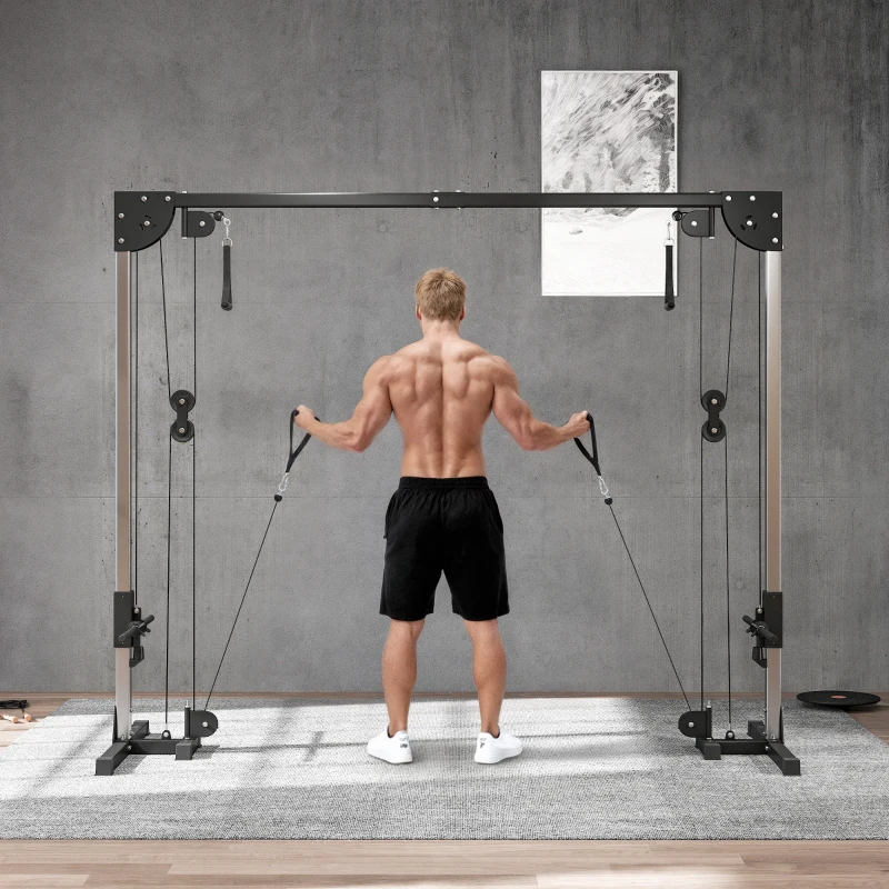 SPORTNOW Multi Home Gyms with Cable Pulley System, Cable Crossover Machine with 4 Handles for Full Body Strength Training, Power Rack for Home Workout, Black