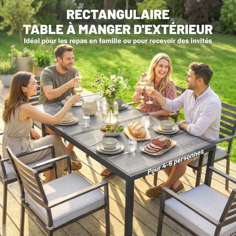 Outsunny Table de jardin pour 4 à 6 personnes, table à manger extérieure avec plateau à effet bois, 150 x 80 x 74 cm, gris