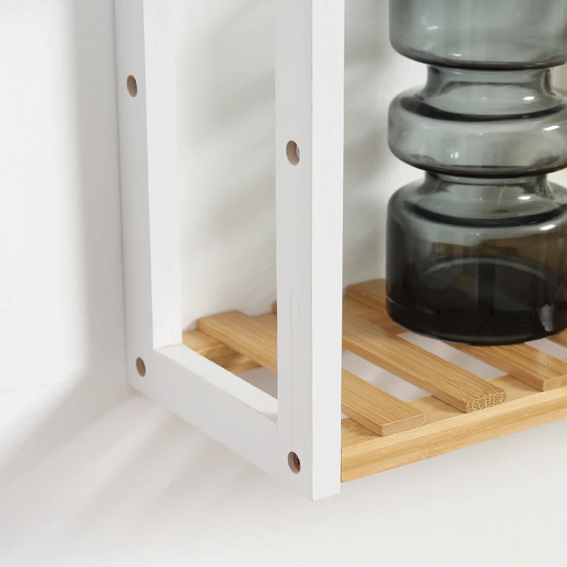 HOMCOM Estante de Parede de Bambu de 3 Níveis Estante Suspensa para Sala de Estar Dormitório Cozinha 60x15x54cm Madeira e Branco