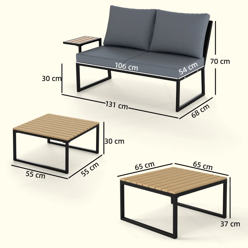 Outsunny 4 Seater Metal Garden Furniture Set, Corner Garden Sofa Set with 2 Loveseats, 2 Nesting Tables, Arm Side Trays, Teak