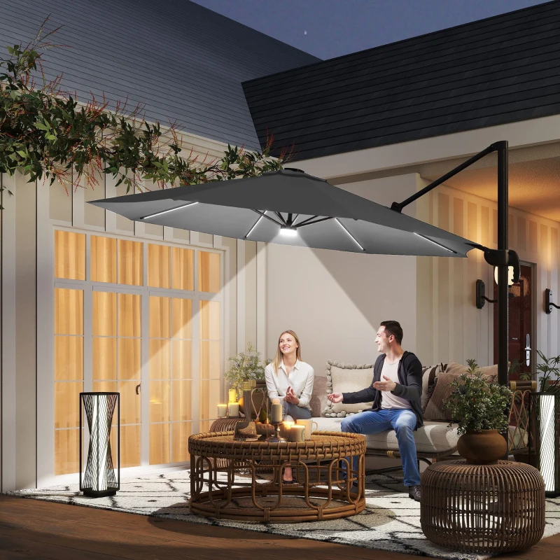 Outsunny Cantilever Parasol, with LED Lights and Cross Base - Dark Grey