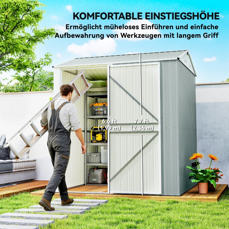 Outsunny Metall Gerätehaus 3,5 m², Hoher Abschließbar Geräteschuppen mit Sattedach Lüftungen Handschuhen, 209 x 177 x 236 cm