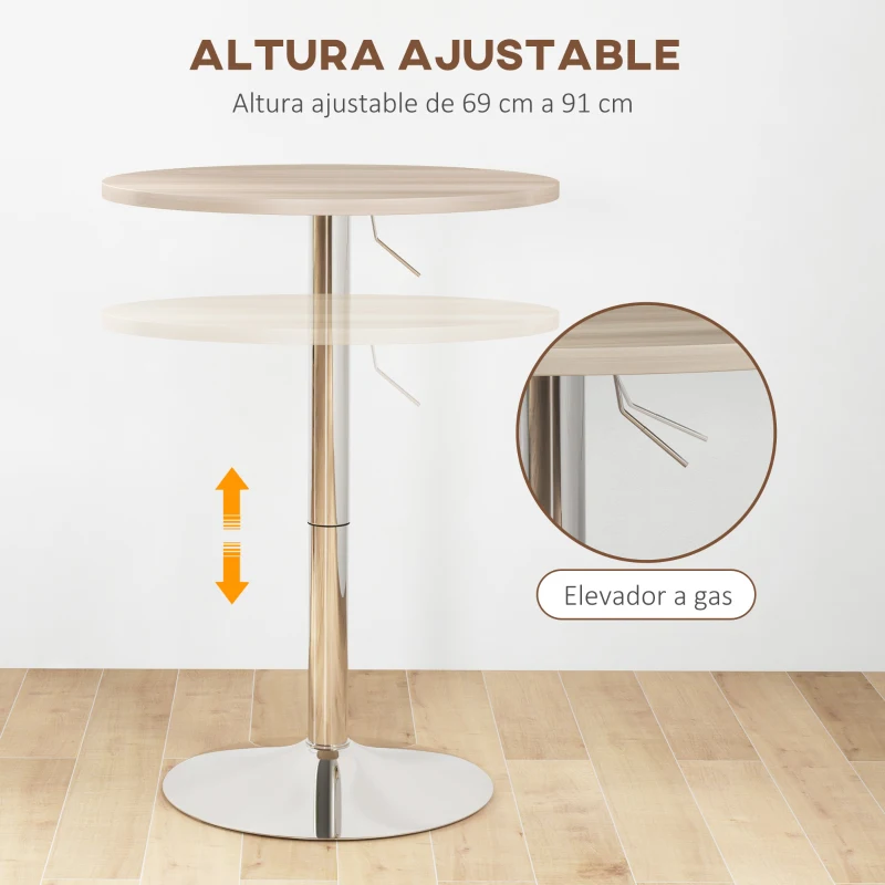 HOMCOM Mesa Alta Cocina Mesa Alta Bar Redonda para 2 Personas Altura Ajustable Tablero Giratorio 360° 60x60x91 cm Roble Claro