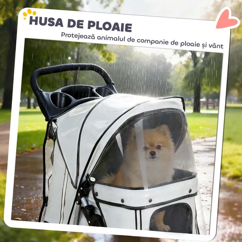 PawHut Cărucior pentru Câini Pliabil cu Husă de Ploaie, Roți Rotative și Pernă Lavabilă, Oțel și Poliester, Gri