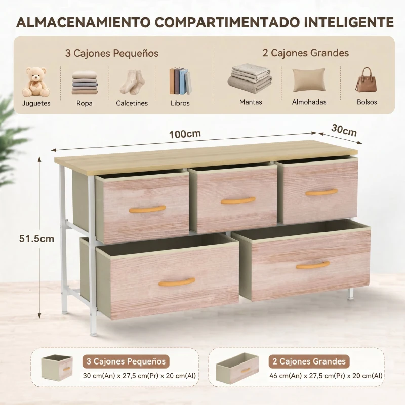 HOMCOM Cómoda con 5 Cajones de Tela Cómoda para Dormitorio Marco de Metal Cajonera para Salón Oficina Natural y Blanco